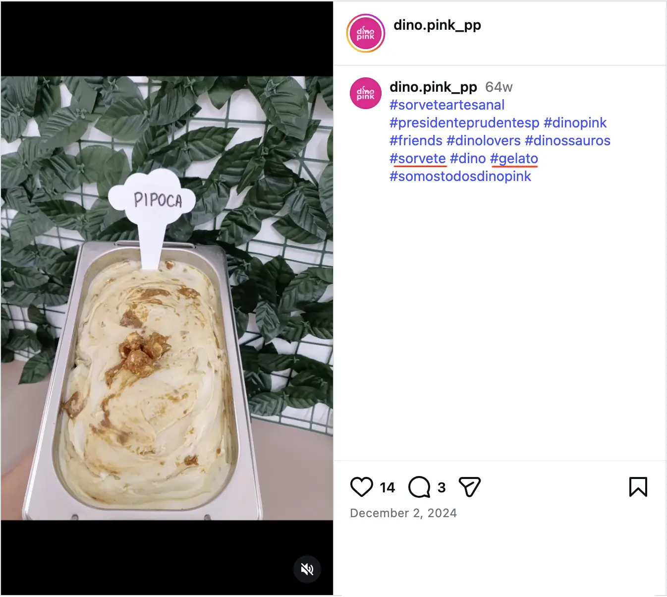 Captura de tela de uma publicação no Instagram da Dino Pink em que constam as hashtags "sorvete" e "gelato"