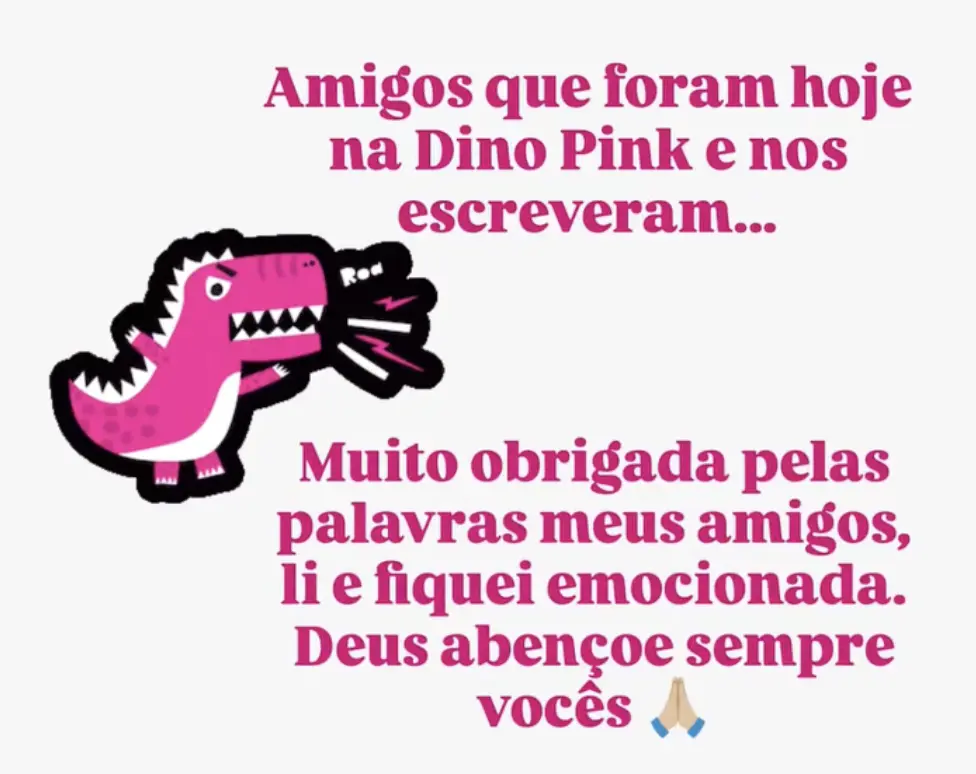 Captura de tela de um story do Instagram onde consta "Amigos que foram hoje na Dino Pink e nos escreveram: muito obrigada pelas palavras, meus amigos. Li e fiquei emocionada. Deus abençoe sempre vocês."